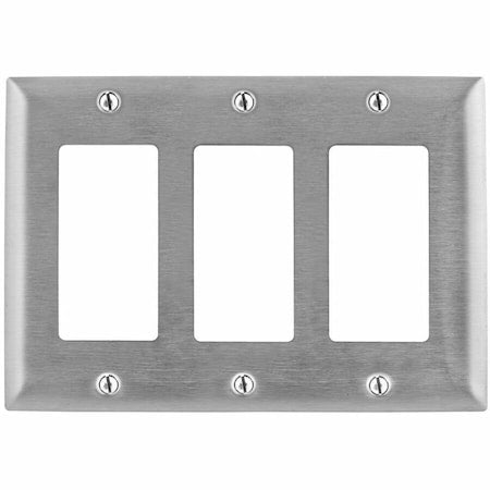 HUBBELL WIRING DEVICE-KELLEMS Rocker Wall Plates and Box Cover, Number of Gangs: 3 Stainless Steel, Brushed Finish, Silver