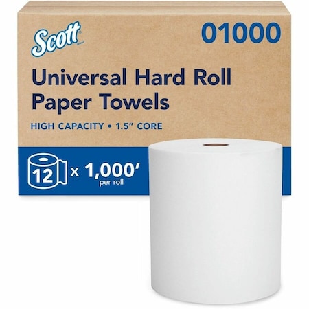 Scott Hard Roll Paper Towels, Universal 1.5" Core, High-Capacity, White, 1000' x 12 Rolls (01000)
