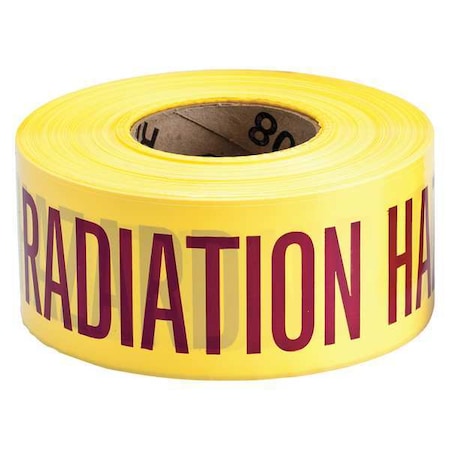 N/A Barricade Tape, Caution Radiation Hazard, Yellow, 3 in Wide x 1, 000 ft Length, Polyethylene, 3 mil