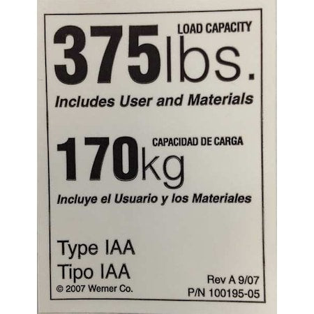 WERNER Duty Rating Label Replacement, 375 lb.