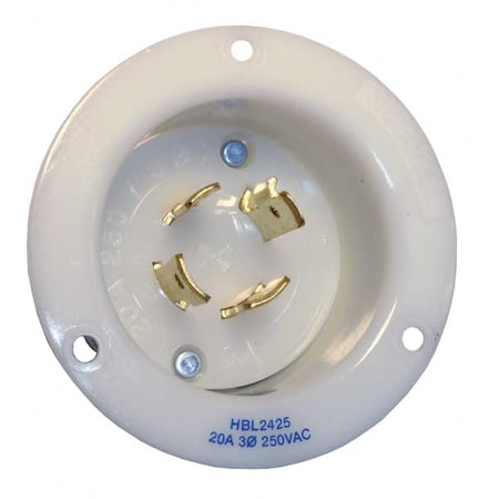 HUBBELL WIRING DEVICE-KELLEMS Flanged Locking Inlet, 20 A, 250V AC, Three Phase, 3 Pole, Flush Mount, Screw Terminals, White