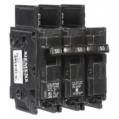 SIEMENS Miniature Circuit Breaker, BQ Series, 50A, 3 Pole, 240V AC, 10kA at 240V AC