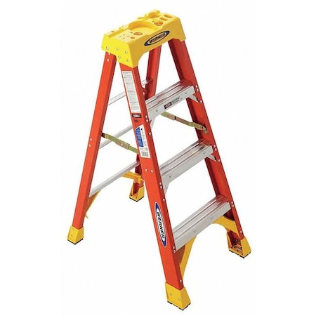 WERNER Fiberglass Stepladder, 4 ft Ladder Ht, 3 Steps, 300 lb, 29 in Base Spread, 19 3/8 in Bottom W