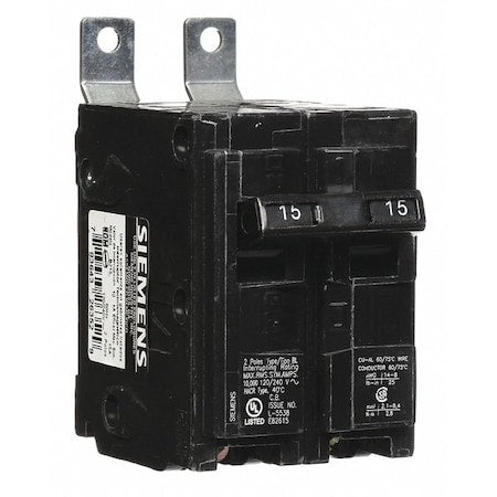 SIEMENS Miniature Circuit Breaker, BL Series, 15A, 2 Pole, 120/240V AC, 10kA at 120/240V AC
