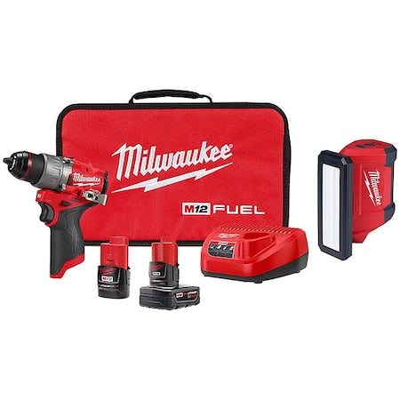 MILWAUKEE TOOL M12 FUEL 1/2" Hammer Drill/Driver Kit + M12 ROVER Service and Repair Flood Light w/ USB Charging