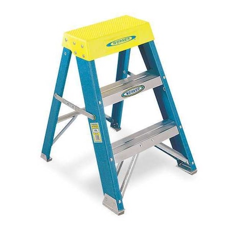 WERNER Step Stand, 2 Steps, 250 lb Load Capacity, 24 in Overall Height, Fiberglass, Blue/Silver/Yellow