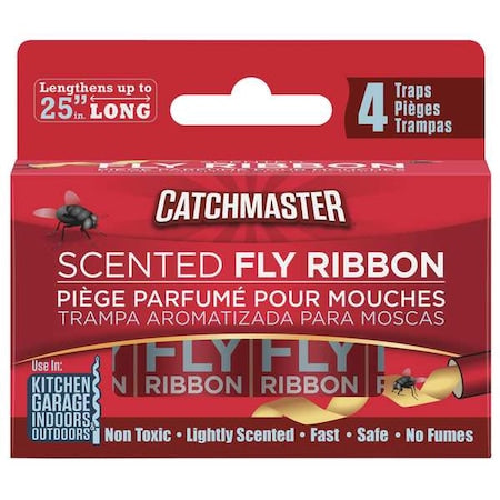 CATCHMASTER Scented Fly Ribbon Paper Trap, Indoor/Outdoor, 1-1/2 in W x 25 in H, Non-Toxic, PK 4