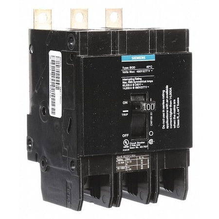 SIEMENS Miniature Circuit Breaker, BQD Series, 100A, 3 Pole, 480V AC, 14kA at 480V AC