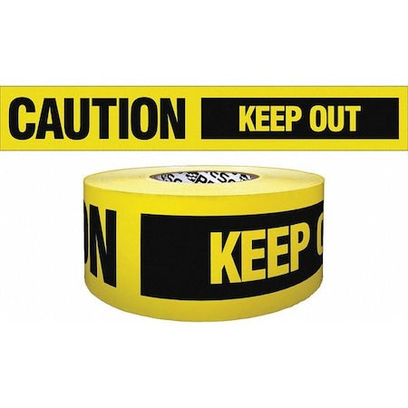 N/A Barricade Tape, Caution Keep Out, Yellow, 3 in Wide x 200 ft Length, Polyethylene, 4 mil