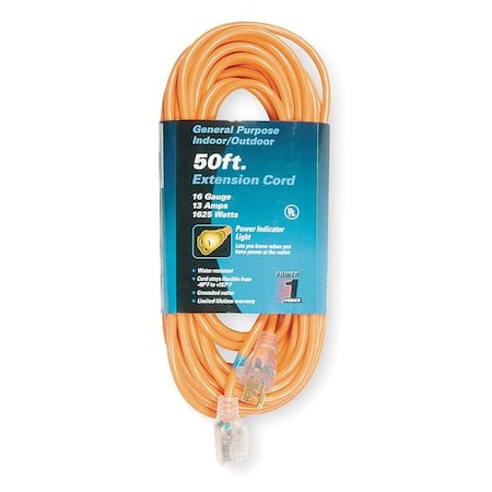 N/A SJTW Outdoor Extension Cord, 16 AWG 1 Outlet, 5-15R, Orange, PVC, 5-15P, 50ft