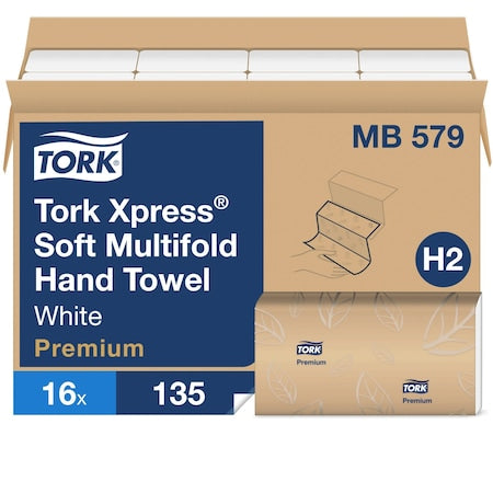 TORK Multifold Paper Towel Sheets, 2 Ply, 135 Sheets, White, 16 PK